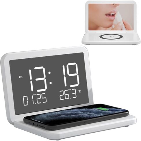 Hipoink Digital Alarm Clock, 6.7" Mirror Makeup Screen, Wireless Charging, 2 Alarm Clocks, Date, Indoor Temperature, 4 Levels Brightness,1 USB Charging Port for Bedroom, Office(White) in Saudi Arabia