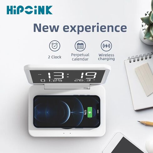 Hipoink Digital Alarm Clock, 6.7" Mirror Makeup Screen, Wireless Charging, 2 Alarm Clocks, Date, Indoor Temperature, 4 Levels Brightness,1 USB Charging Port for Bedroom, Office(White) in Saudi Arabia