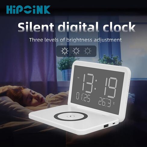 Hipoink Digital Alarm Clock, 6.7" Mirror Makeup Screen, Wireless Charging, 2 Alarm Clocks, Date, Indoor Temperature, 4 Levels Brightness,1 USB Charging Port for Bedroom, Office(White) in Saudi Arabia