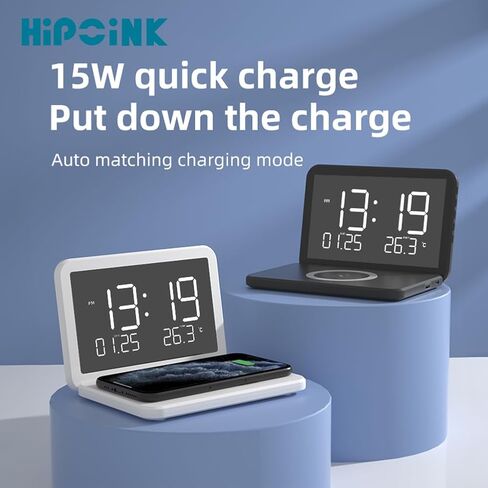 Hipoink Digital Alarm Clock, 6.7" Mirror Makeup Screen, Wireless Charging, 2 Alarm Clocks, Date, Indoor Temperature, 4 Levels Brightness,1 USB Charging Port for Bedroom, Office(White) in Saudi Arabia
