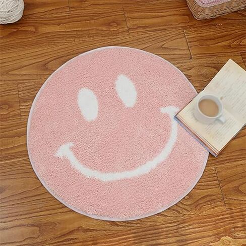 Smile Face Bath Mat for Bathtub Bathroom Sink Bedroom Decorations Cute Happy Face Retro Aesthetic Carpet Room Decor Bath Rugs, Absorbent, Microfiber, Anti-Slip, Pink in Kuwait