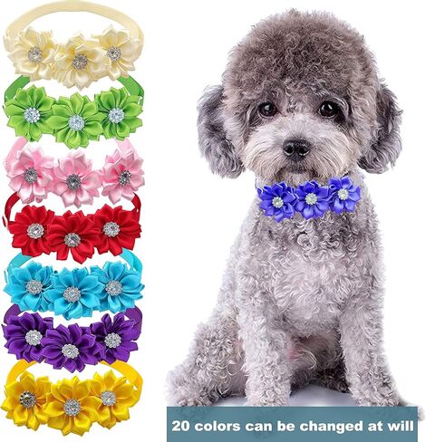 20Pcs Christmas Dog Collar Bow Tie Flower with Diamond Crystal, Adjustable Puppy Dog Christmas Collar Bows Pet Collar Tie Cat Bowties for Birthday Party Wedding Dogs Bowties in Kuwait