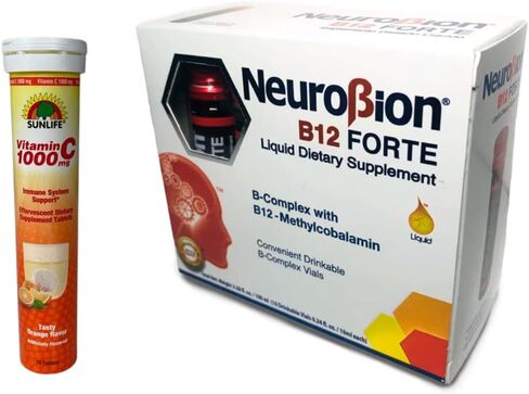 نيوروبيون بي 12 فورت مكملات غذائية سائلة 10 قوارير + فيتامين سي سن لايف 1000 مجم بنكهة البرتقال لدعم الجهاز المناعي 20 قرصًا in Kuwait