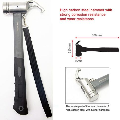 هوفيكو اوتاد خيمة ومطرقة تخييم مع مزيل اوتاد الخيمة، مطرقة خيمة ستيل 12 انش - مطرقة خيمة بمقبض مغطى بالمطاط مع حزام تثبيت في مكان روكي بليس وحقل الثلج والعشب in Kuwait