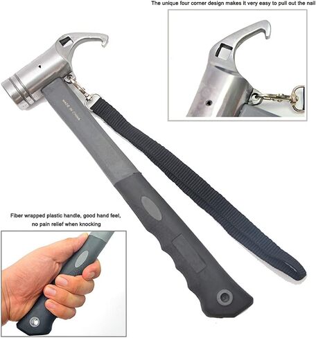 هوفيكو اوتاد خيمة ومطرقة تخييم مع مزيل اوتاد الخيمة، مطرقة خيمة ستيل 12 انش - مطرقة خيمة بمقبض مغطى بالمطاط مع حزام تثبيت في مكان روكي بليس وحقل الثلج والعشب in Kuwait