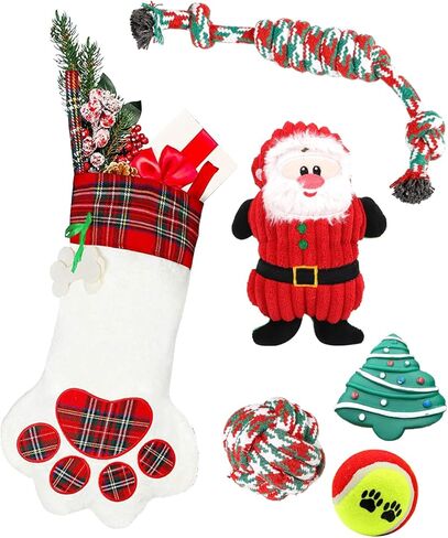 مجموعة جوارب عيد الميلاد مع مجموعة ألعاب - قطيفة تصدر صوتًا، قابلة للمضغ، كرة حبل بتصميم عيد الميلاد للكلاب الصغيرة والمتوسطة in Kuwait