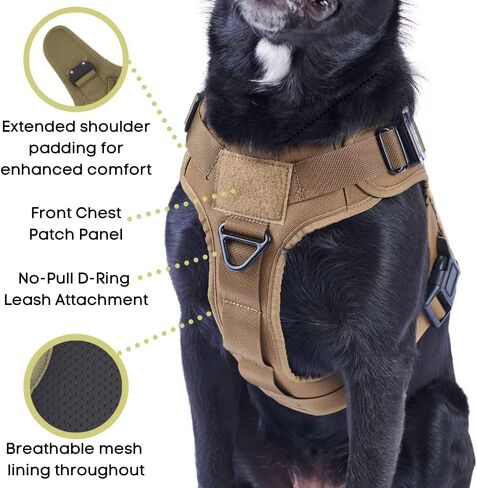 Tactical Dog Harness with Metal Buckles, Adjustable Military & Service Dog Molle Vest with Handle and No-Pull Front Leash Clip by FuzzBall (Tan, Medium) in Kuwait