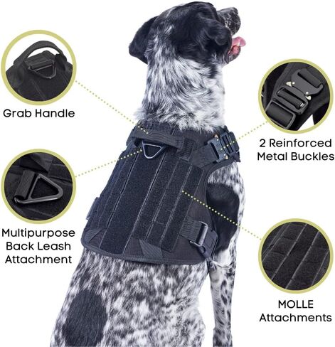 Tactical Dog Harness with Metal Buckles, Adjustable Military & Service Dog Molle Vest with Handle and No-Pull Front Leash Clip by FuzzBall (Tan, Medium) in Kuwait
