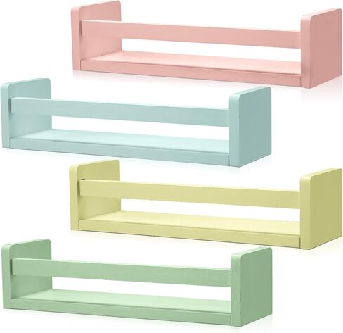 Set of 4 Nursery Book Shelves Floating Bookshelves Nursery Shelves for Wall Book Shelf Organizer Bathroom Storage Rack for Wall Decor(Purple Pink Blue, 16 in) in Saudi Arabia