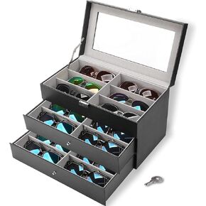 3 layer18 slot Sunglass organizer box for multiple pairs sunglasses storage and display Glasses case Eyeglass holder jewelry boxes with 2 removable drawer for women men PU leather clear top (3layer in Kuwait