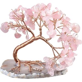 TUMBEELLUWA Reiki Crystal Money Tree with Agate Slice Base Feng Shui Stone Bonsai Tree Figure Decor for Happiness Good Luck and Wealth, Rose Quartz in Saudi Arabia