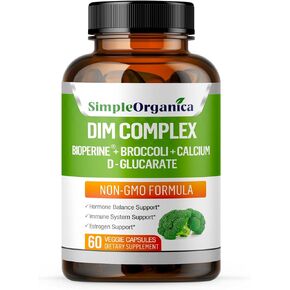 Simple Organica DIM Supplement for Women and Men 300mg with BioPerine, Broccoli, Calcium D Glucarate - Hormone Balance, Menopause and PMS Relief, Estrogen Balance, PCOS, Acne, Vegan, Non-GMO in Kuwait