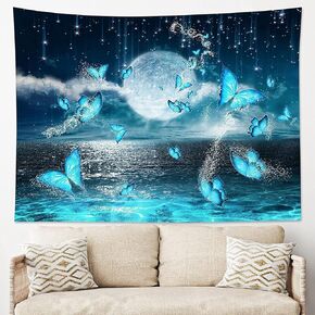LB Small Full Moon over Ocean Tapestry Wall Hanging Psychedelic Teal Butterfly Tapestry Starry Night Sky Moon and Stars Tapestries for Teen Kids Bedroom Living Room Dorm Home Decor,48 x 36 Inches in Kuwait