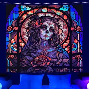 Miryoku Blacklight نسيج السكر الجمجمة نسيج هالوين نسيج الأشعة فوق البنفسجية رد الفعل تريبي النيون المفروشات توهج في خلفية حزب الظلام، هيكل عظمي جدار الفن لغرفة النوم غرفة المعيشة - 37.5 ''× 29'' in Kuwait