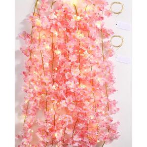 Jutom Cherry Blossom Flower Garland Artificial with String Light Hanging Silk Pink Flower Garland Vines for Bedroom Spring Home Wedding Party Kawaii Japanese Decor (4 Pcs)
