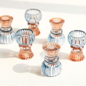 Set of 6 Amber Blue Glass Candle Holder Tealight & Taper Candle Holders, 3 inches, 2 in 1 Candlestick Holders, Home Decor Valentine Wedding Mother Gift Party Table Centerpiece in Kuwait