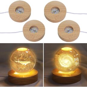 LACGO 4 قطع قواعد إضاءة خشبية مستديرة - حامل عرض LED مقاس 3 بوصات مع قواعد مستديرة مضاءة باللون الأبيض الدافئ للركائز الفنية الزجاجية ثلاثية الأبعاد لغرفة الكرة الكريستالية وديكور المنزل والمقهى in Kuwait