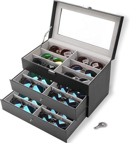 3 layer18 slot Sunglass organizer box for multiple pairs sunglasses storage and display Glasses case Eyeglass holder jewelry boxes with 2 removable drawer for women men PU leather clear top (3layer in Kuwait