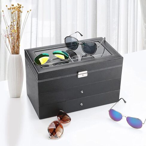 3 layer18 slot Sunglass organizer box for multiple pairs sunglasses storage and display Glasses case Eyeglass holder jewelry boxes with 2 removable drawer for women men PU leather clear top (3layer in Kuwait