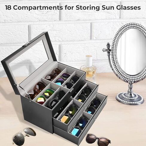 3 layer18 slot Sunglass organizer box for multiple pairs sunglasses storage and display Glasses case Eyeglass holder jewelry boxes with 2 removable drawer for women men PU leather clear top (3layer in Kuwait