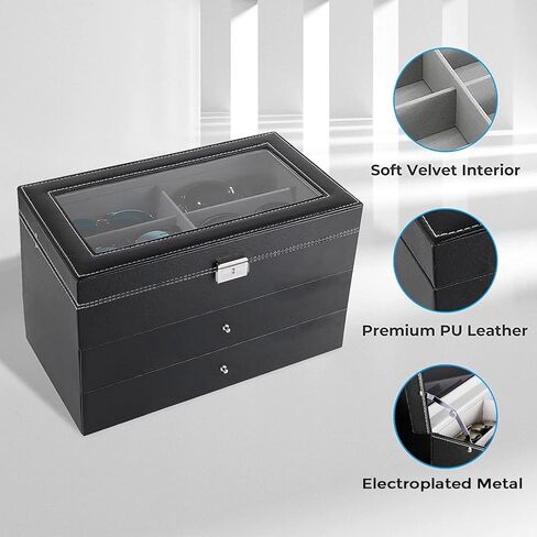 3 layer18 slot Sunglass organizer box for multiple pairs sunglasses storage and display Glasses case Eyeglass holder jewelry boxes with 2 removable drawer for women men PU leather clear top (3layer in Kuwait