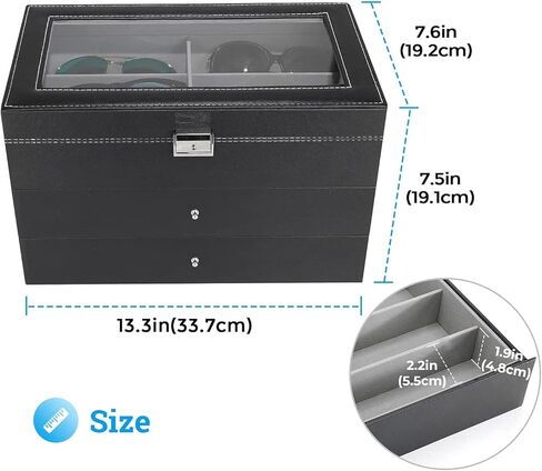 3 layer18 slot Sunglass organizer box for multiple pairs sunglasses storage and display Glasses case Eyeglass holder jewelry boxes with 2 removable drawer for women men PU leather clear top (3layer in Kuwait