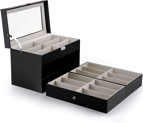 3 layer18 slot Sunglass organizer box for multiple pairs sunglasses storage and display Glasses case Eyeglass holder jewelry boxes with 2 removable drawer for women men PU leather clear top (3layer in Kuwait