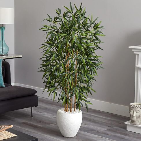 Nearly Natural 5817 N/A 5' Bamboo Artificial Tree in Oval White Planter, Green in Saudi Arabia