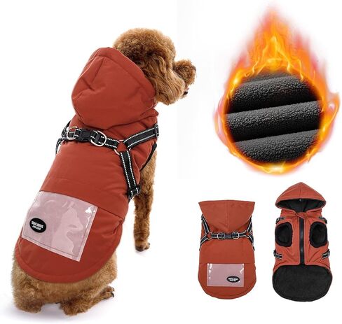 معطف SlowTon للكلاب مع حزام، سترة دافئة للكلاب مبطنة بالصوف وحلقات على شكل حرف D وقلنسوة، بسحاب عاكس للطقس البارد والشتاء، ملابس للكلاب مقاومة للماء للكلاب والجراء الصغيرة والمتوسطة (أحمر S) in Kuwait