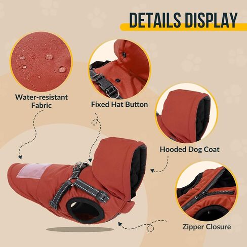 معطف SlowTon للكلاب مع حزام، سترة دافئة للكلاب مبطنة بالصوف وحلقات على شكل حرف D وقلنسوة، بسحاب عاكس للطقس البارد والشتاء، ملابس للكلاب مقاومة للماء للكلاب والجراء الصغيرة والمتوسطة (أحمر S) in Kuwait