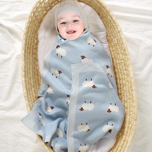 mimixiong Baby Blanket Knit 100% Cotton Toddler Blankets for Boys and Girls with Cute Sheep Size 30 x 40 inches Blue in Kuwait