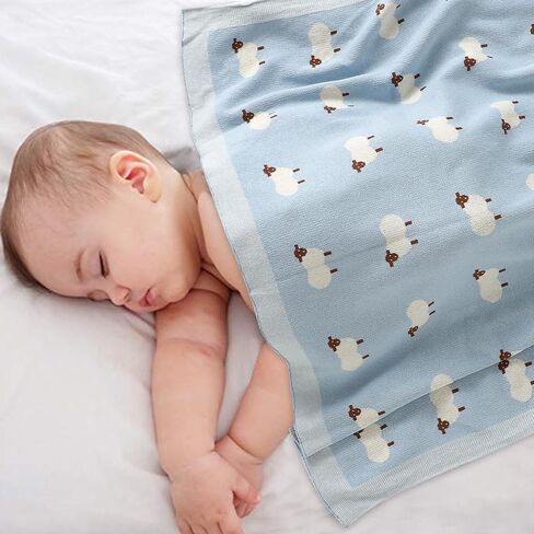 mimixiong Baby Blanket Knit 100% Cotton Toddler Blankets for Boys and Girls with Cute Sheep Size 30 x 40 inches Blue in Kuwait