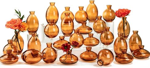 Set of 28 Small Amber Glass Bud Vases - Vintage Style Mini Flower Vase for Centerpieces, Rustic Weddings and Table Decor - Single Flower Vases in Bulk in Kuwait