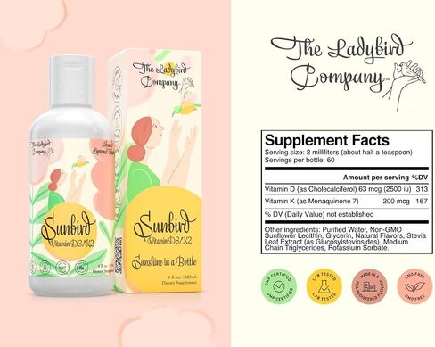 Sunbird Sublingual Vitamin D Supplements for Women - Liquid Vitamin D3 with K2 Supplements for Women to Support Healthy Bones, Reproduction, Fertility, Menopause (Vitamin D Liquid with MK-7, 4 oz) in Saudi Arabia