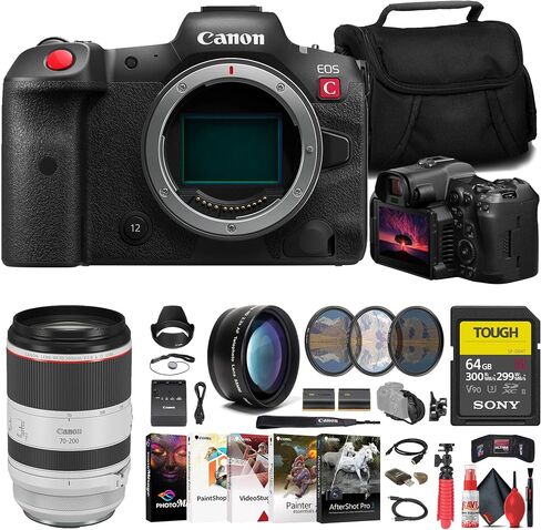 كاميرا Canon EOS R5 C السينمائية بدون مرآة (5077C002) + عدسة Canon 70-200 مم (3792C002) + بطاقة SD قوية سعة 64 جيجابايت من سوني + طقم مرشح + طقم مرشح الألوان + غطاء العدسة + حقيبة + بطارية LPE6 + المزيد (متجددة) in Saudi Arabia