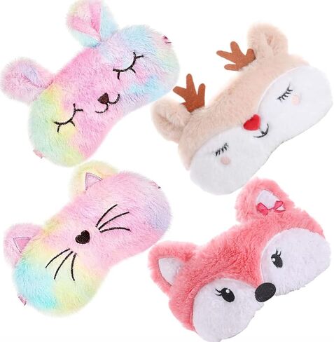 4 عبوات قناع نوم أرنب للفتيات ناعم من القطيفة الناعمة قناع نوم لطيف الأرنب فوكس الغزلان القط غطاء العين للأطفال والمراهقين الإناث غفوة السفر ليلة النوم in Kuwait