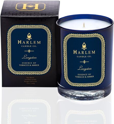 شمعة فاخرة من Harlem Candle Company Langston، برطمان زجاجي أزرق سعة 11 أونصة، فتيل مزدوج، شمع الصويا، صندوق هدايا، الياسمين، خشب الصندل، جوزة الطيب، القرنفل، الفانيليا، الجلد، والعنبر in Saudi Arabia