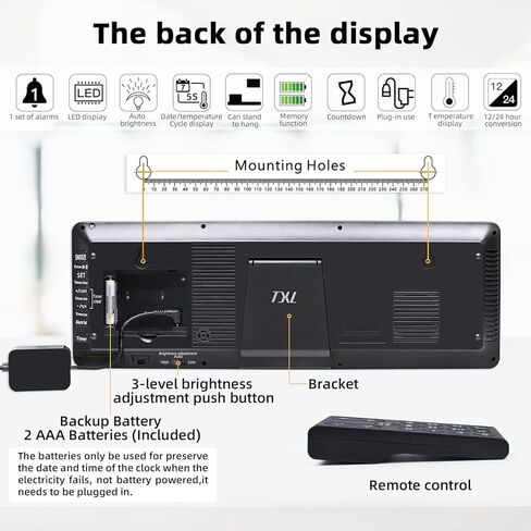 TXL Digital Wall Clock Large Display, 16.5" LED Wall Clock with Date and Temperature,Count Up/Down Timer Clock with Remote Control, Adjustable Brightness Alarm Clock for Home, Office, Gym, Elderly in Kuwait