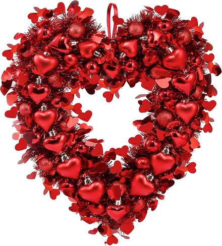 Sggvecsy 17.7’’ Tinsel Heart Shaped Wreath Valentines Day Red Heart Wreath Heart Round Balls for Front Door Wedding Party Anniversary Wall Decor Gift Girlfriend Mother’s Day in Saudi Arabia