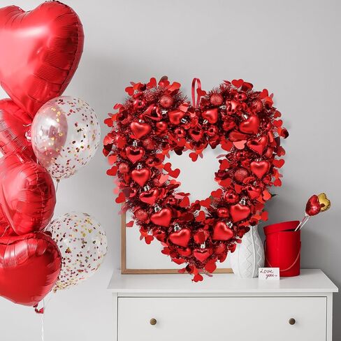 Sggvecsy 17.7’’ Tinsel Heart Shaped Wreath Valentines Day Red Heart Wreath Heart Round Balls for Front Door Wedding Party Anniversary Wall Decor Gift Girlfriend Mother’s Day in Saudi Arabia