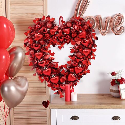 Sggvecsy 17.7’’ Tinsel Heart Shaped Wreath Valentines Day Red Heart Wreath Heart Round Balls for Front Door Wedding Party Anniversary Wall Decor Gift Girlfriend Mother’s Day in Saudi Arabia