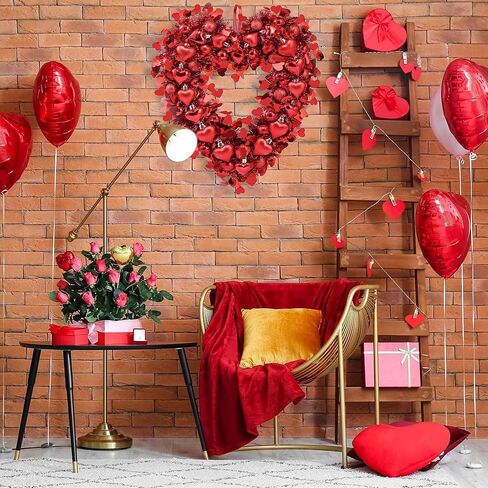 Sggvecsy 17.7’’ Tinsel Heart Shaped Wreath Valentines Day Red Heart Wreath Heart Round Balls for Front Door Wedding Party Anniversary Wall Decor Gift Girlfriend Mother’s Day in Saudi Arabia