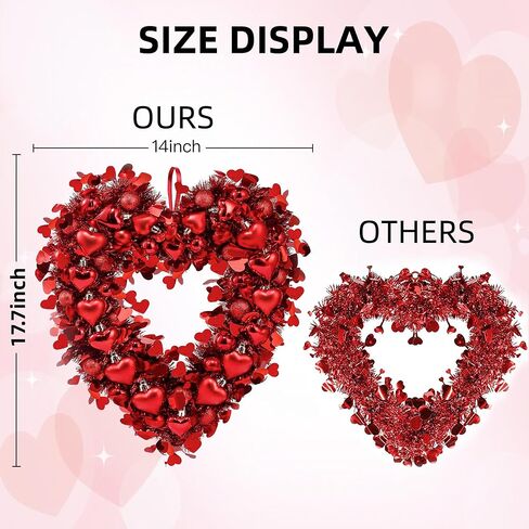 Sggvecsy 17.7’’ Tinsel Heart Shaped Wreath Valentines Day Red Heart Wreath Heart Round Balls for Front Door Wedding Party Anniversary Wall Decor Gift Girlfriend Mother’s Day in Saudi Arabia