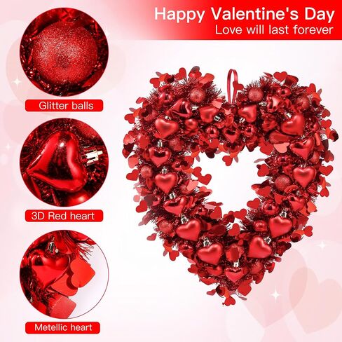 Sggvecsy 17.7’’ Tinsel Heart Shaped Wreath Valentines Day Red Heart Wreath Heart Round Balls for Front Door Wedding Party Anniversary Wall Decor Gift Girlfriend Mother’s Day in Saudi Arabia
