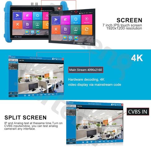 Rsrteng CCTV جهاز اختبار الكاميرا الأمن IP جهاز اختبار الكاميرا 8MP CVI TVI AHD CVBS جهاز اختبار الكاميرا 7 بوصة IPS شاشة تعمل باللمس دعم POE 4K HDMI IPC تستر IPC-9800ADH Plus+ in Kuwait