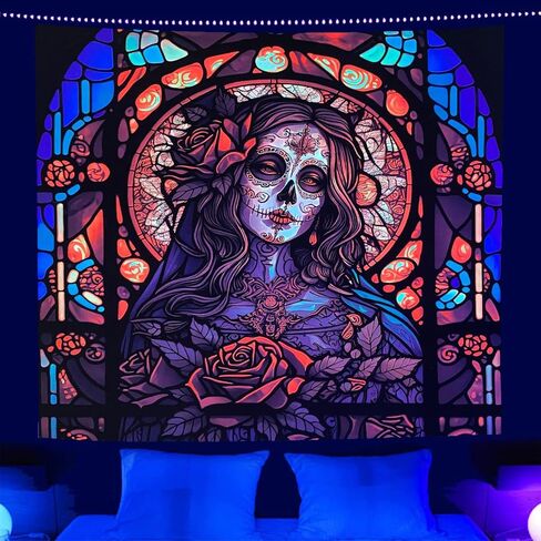 Miryoku Blacklight نسيج السكر الجمجمة نسيج هالوين نسيج الأشعة فوق البنفسجية رد الفعل تريبي النيون المفروشات توهج في خلفية حزب الظلام، هيكل عظمي جدار الفن لغرفة النوم غرفة المعيشة - 37.5 ''× 29'' in Kuwait