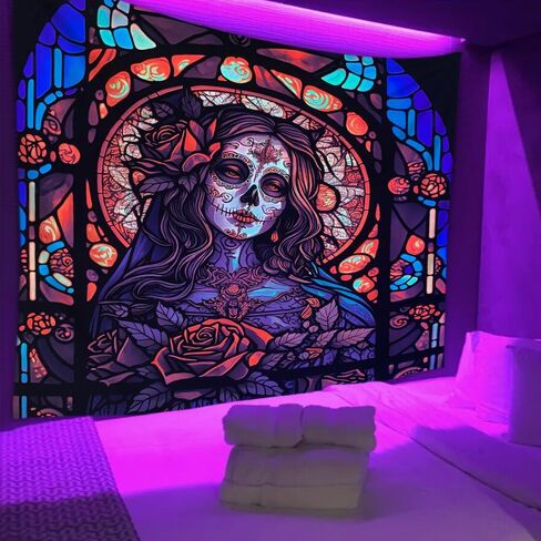 Miryoku Blacklight نسيج السكر الجمجمة نسيج هالوين نسيج الأشعة فوق البنفسجية رد الفعل تريبي النيون المفروشات توهج في خلفية حزب الظلام، هيكل عظمي جدار الفن لغرفة النوم غرفة المعيشة - 37.5 ''× 29'' in Kuwait