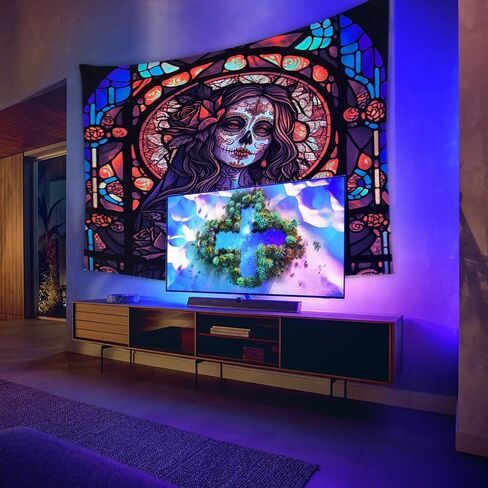 Miryoku Blacklight نسيج السكر الجمجمة نسيج هالوين نسيج الأشعة فوق البنفسجية رد الفعل تريبي النيون المفروشات توهج في خلفية حزب الظلام، هيكل عظمي جدار الفن لغرفة النوم غرفة المعيشة - 37.5 ''× 29'' in Kuwait