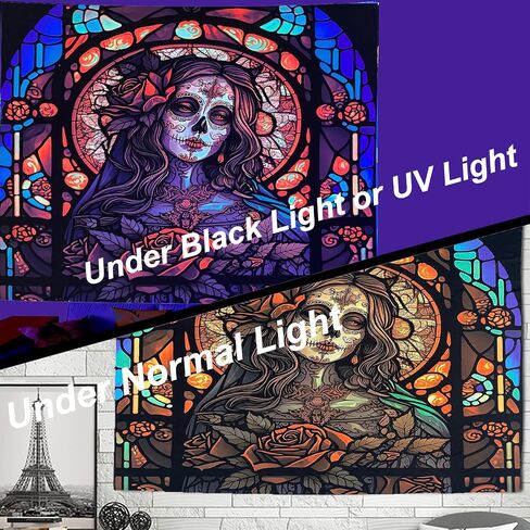 Miryoku Blacklight نسيج السكر الجمجمة نسيج هالوين نسيج الأشعة فوق البنفسجية رد الفعل تريبي النيون المفروشات توهج في خلفية حزب الظلام، هيكل عظمي جدار الفن لغرفة النوم غرفة المعيشة - 37.5 ''× 29'' in Kuwait