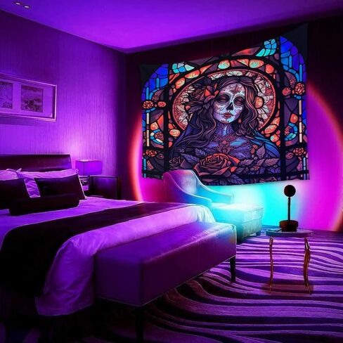 Miryoku Blacklight نسيج السكر الجمجمة نسيج هالوين نسيج الأشعة فوق البنفسجية رد الفعل تريبي النيون المفروشات توهج في خلفية حزب الظلام، هيكل عظمي جدار الفن لغرفة النوم غرفة المعيشة - 37.5 ''× 29'' in Kuwait